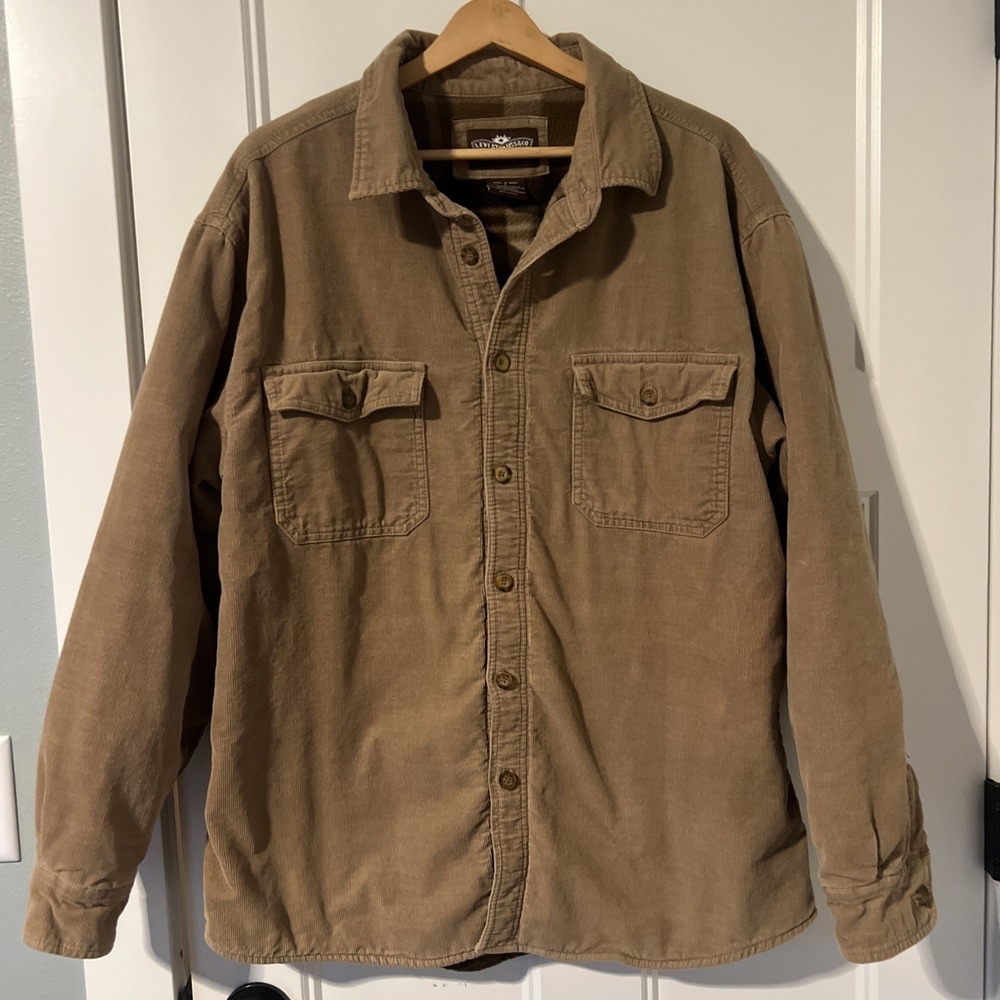 Y2K Levi's Corduroy Fleece Lined Button Snap Shacket Work Pocket Large Khaki